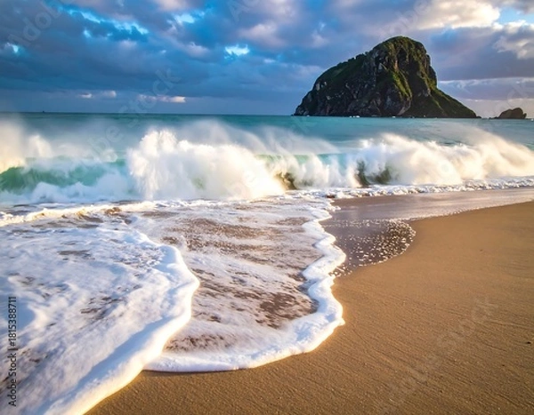 Fototapeta A scenic beach showcases turquoise waves crashing onto golden sand, with an island in the distance beneath a dramatic, cloudy sky