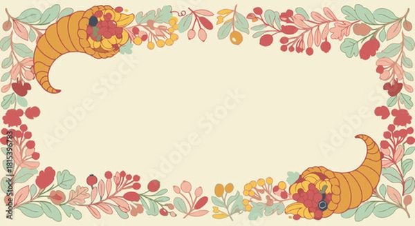 Fototapeta Thanksgiving Themed Invitation or Announcement Background with Colorful Cornucopia and Berries
