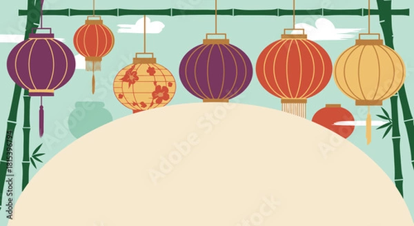 Fototapeta Colorful Chinese Lanterns with Bamboo and Space for Text - Traditional Asian Illustration