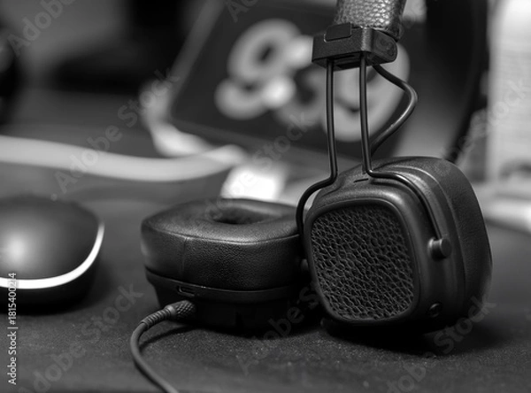 Obraz 책상 위 헤드셋과 마우스가 있는 흑백 작업 공간
