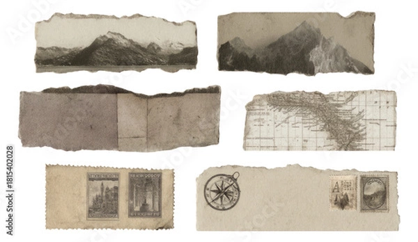 Fototapeta Aged Map and Explorer Sketch Elements on Isolated Transparent Background