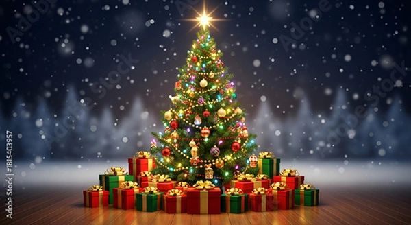 Fototapeta christmas tree with lights and presents.