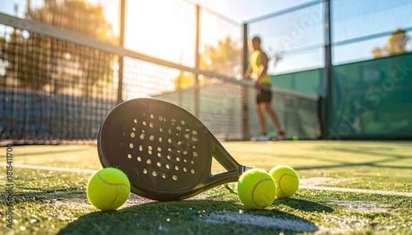 Fototapeta Padel racket and balls on a green court, player in background, sunlight filtering through the net, creating long shadows