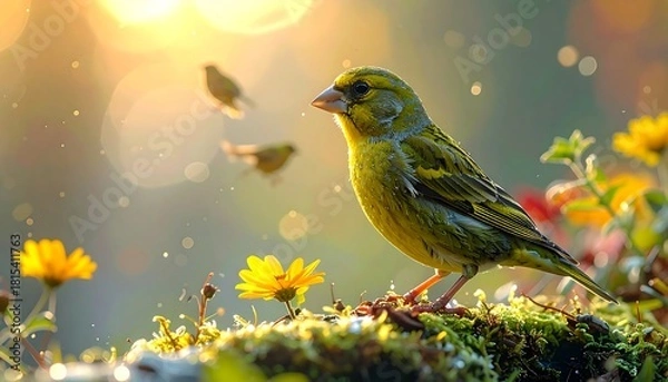 Obraz Yellow-green bird perched among flowers in soft, bokeh-filled sunlight with other birds in the background