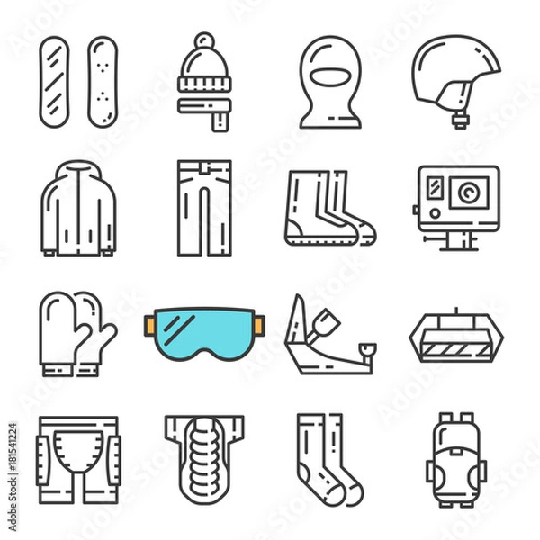 Obraz Vector black line Snowboarding icons set. Includes such Icons as Snowboard, Armor, Web Camera, Balaclava.
