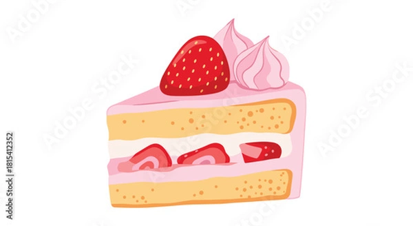 Obraz A slice of delicious strawberry shortcake with pink frosting and meringue.