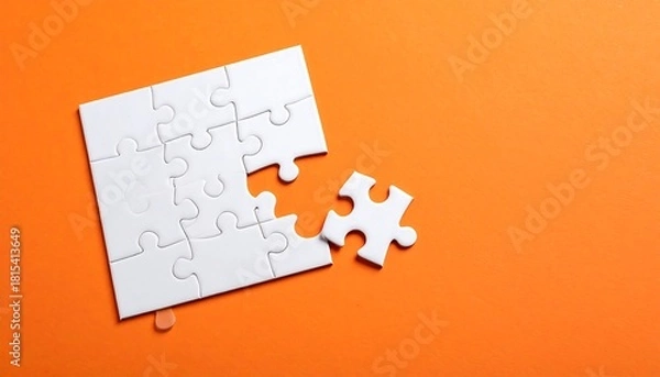 Fototapeta White jigsaw puzzle with one piece detached on bright orange background. High angle shot with copy space