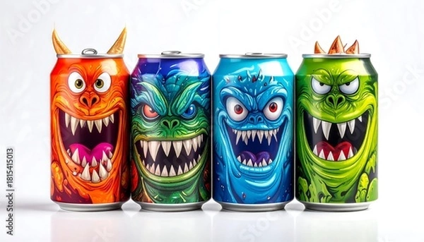 Fototapeta Four colorful drink cans featuring ferocious cartoon monster faces with menacing grins, horns and sharp teeth