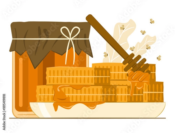 Obraz Honeycomb in Plate and Honey in Glass Jar with Honey Dipper for Natural Organic Healthy Food Concept Illustration