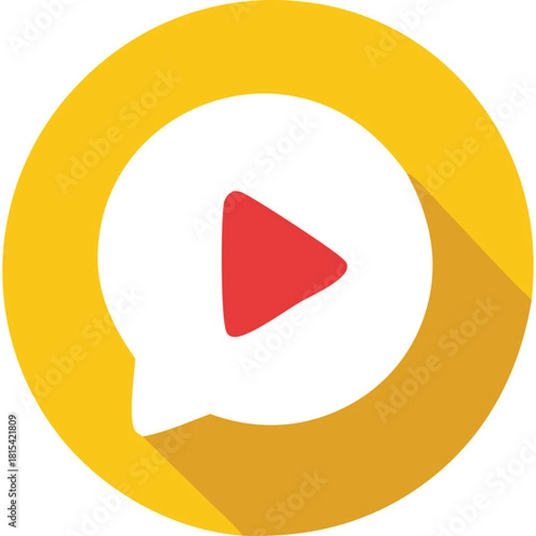 Obraz Red Play Button Inside White Speech Bubble Surrounded by Yellow Circle with Long Shadow