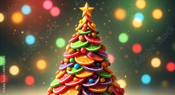 Fototapeta Festive christmas tree created with colorful dried fruit, granola, nuts, and a bright star, surrounded by bokeh lights