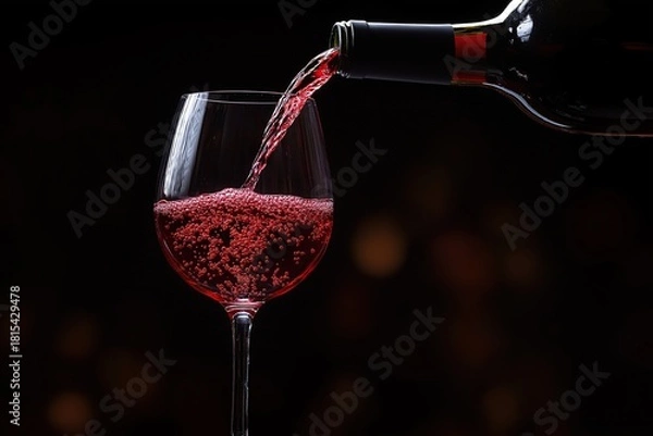 Obraz A bottle of red wine pouring into a glass isolated on a black background with soft shadows and bokeh effect