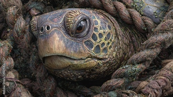 Fototapeta Detailed close-up of a sea turtle entangled in marine debris highlighting environmental impact and the urgency for ocean conservation efforts