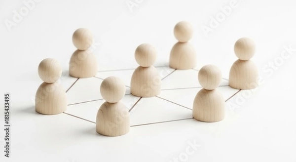 Fototapeta Wooden figures connected by lines forming a network structure.