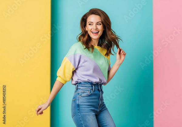 Fototapeta Happy and Vibrant Portrait with Expressive Colorful Background