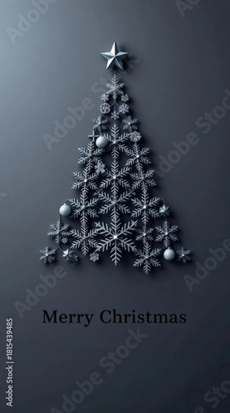 Fototapeta Minimalist Black Christmas Tree made of Snowflakes and Star on Dark Background Holiday Design_2