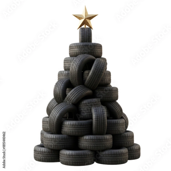 Fototapeta Unique christmas tree design made with tires and topped with a golden star decoration
