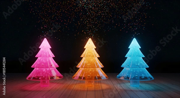 Fototapeta Vibrant and festive illuminated christmas trees adorned with sparkling lights and falling confetti create a magical holiday celebration atmosphere