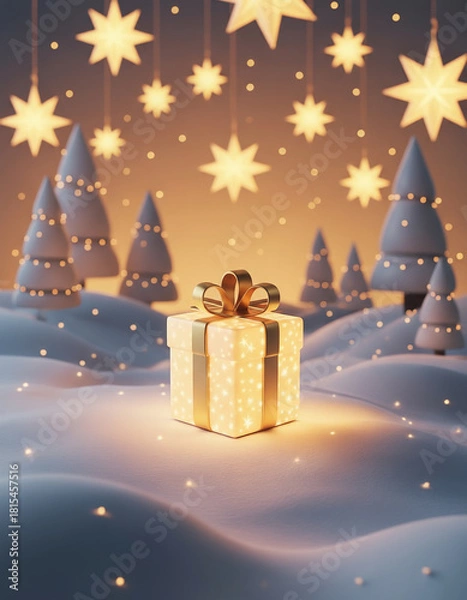 Obraz A festive winter night scene of a decorated Christmas tree with gifts near a village house under a starry sky