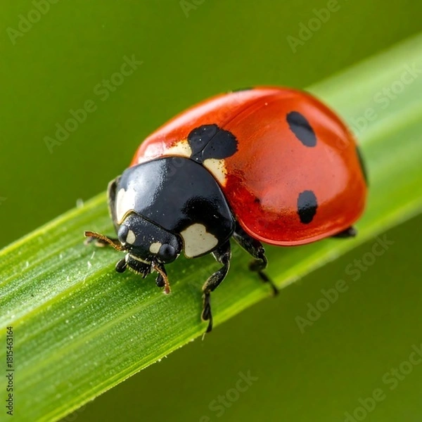 Fototapeta A close-up view of a red ladybug with black spots on a green leaf