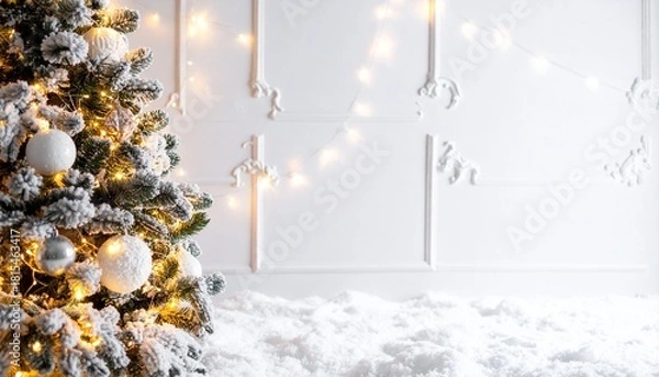 Fototapeta Cozy winter holiday scene featuring a snow-dusted Christmas tree with warm glowing lights placed indoors near a white wall, surrounded by soft snow and peaceful seasonal ambiance.