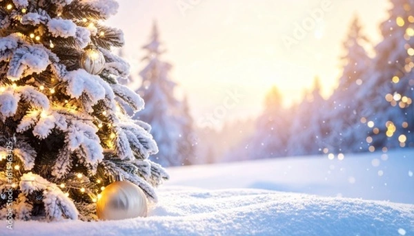 Obraz Beautiful winter forest covered in fresh snow with pine trees decorated with warm Christmas lights, soft glowing atmosphere and sparkling snow creating a holiday wonderland.