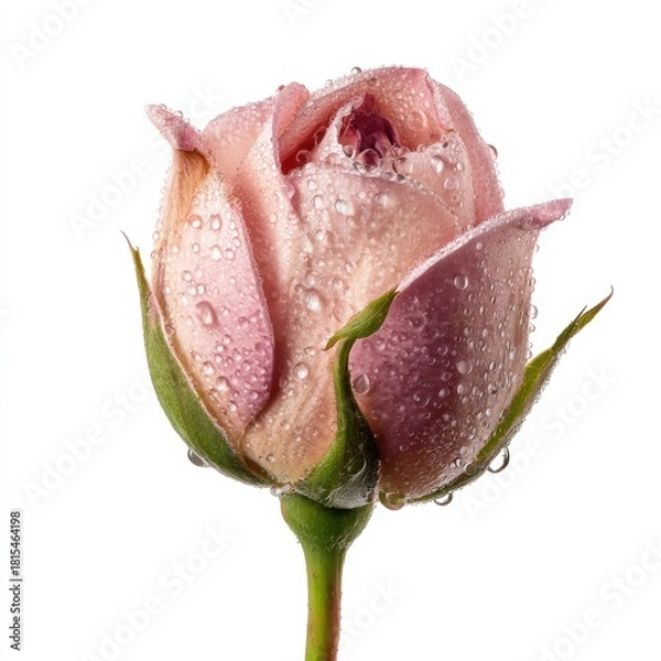 Obraz Beautiful pink rose bud with fresh water drops on white background.