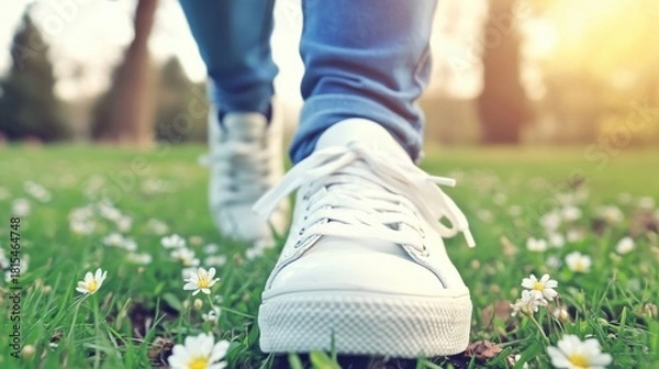 Fototapeta Person in white sneakers walking on green grass with daisies, bathed in warm spring sunlight