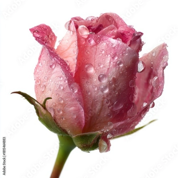 Obraz Beautiful pink rose bud with fresh water drops on white background.