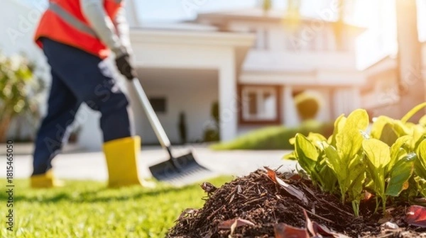 Fototapeta Professional gardener shoveling soil in a sunny home garden with green plants in the foreground.