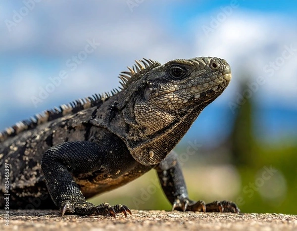 Fototapeta A close-up view of a reptile basking in natural sunlight