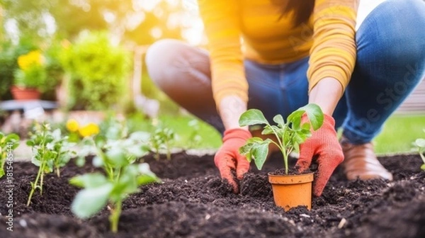 Fototapeta Gardener's hands in gloves planting a young green seedling into fertile garden soil on a sunny day, close-up