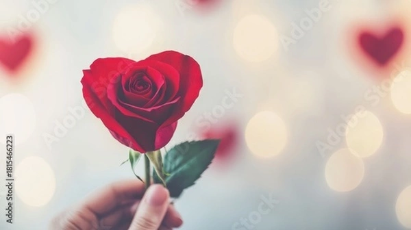 Fototapeta Hand holding a heart-shaped red rose, a romantic gesture against a soft bokeh light background.