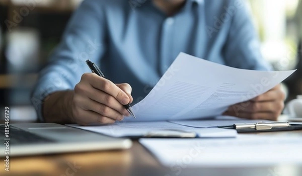 Obraz Close up of a businessman hand writing on document with pen at office desk near laptop computer and papers for mockup design