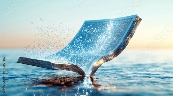 Fototapeta An open book emerges from the water, with pages dissolving into glowing particles and water droplets.