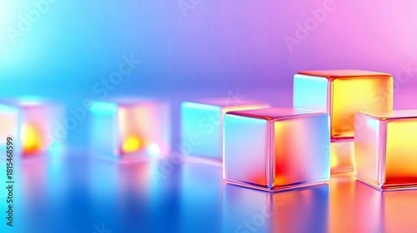 Fototapeta A series of translucent cubes with vibrant, iridescent reflections are arranged in a row on a glossy, reflective surface.