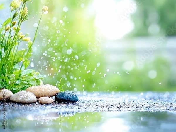 Fototapeta Water droplets fall on smooth stones and lush green foliage, creating a serene and refreshing natural scene with soft, blurred bokeh lights in the background.