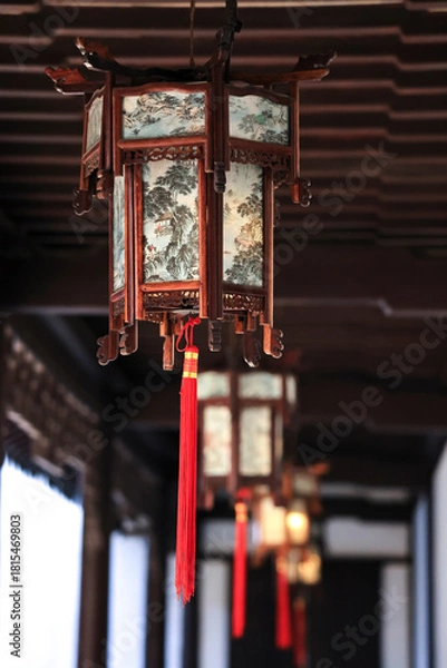 Fototapeta Chinese lanterns hanging in the garden

