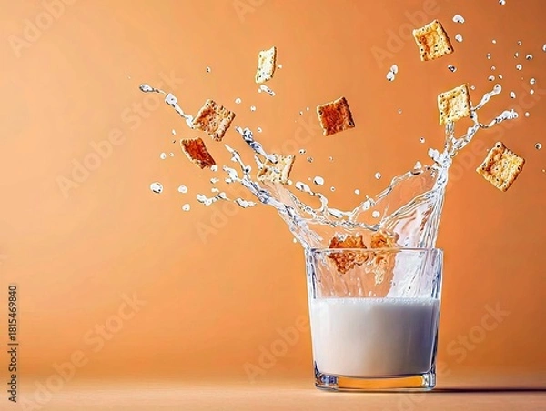 Fototapeta Square crackers are captured mid-air, splashing out of a glass filled with milk, against a solid orange background.