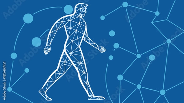 Fototapeta Polygonal human figure walking against blue background, symbolizing movement and connection in digital world