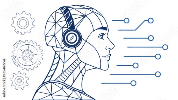 Fototapeta Abstract human face in profile with headphones, showcasing technology and innovation in AI