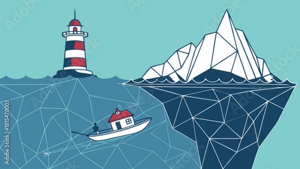 Fototapeta Abstract iceberg illusion diagram illustrates perception of reality with boat near lighthouse and geometric iceberg