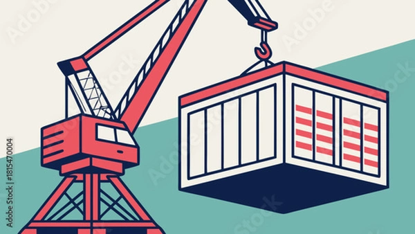 Fototapeta Abstract illustration of crane lifting cargo container, showcasing industrial design and vibrant colors
