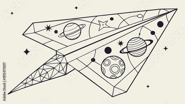 Fototapeta Abstract image of paper airplane featuring planets, stars, and cosmic elements, evoking sense of adventure and imagination