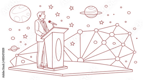 Fototapeta Business man standing behind podium in space, delivering speech with planets and stars in background, conveying inspiration