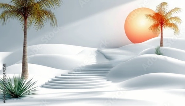 Fototapeta A surreal white desert landscape featuring two palm trees, a large orange sun, and a sweeping staircase.