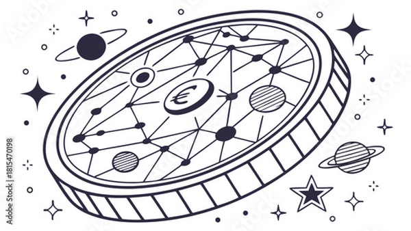 Fototapeta Abstract image of euro cent coin surrounded by stars and planets, representing cosmic theme and financial concept