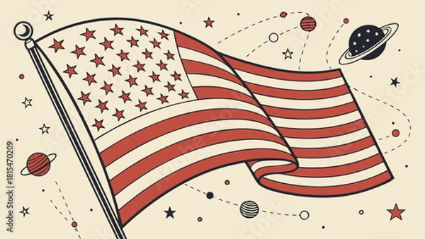 Fototapeta Abstract image of flag with stars and stripes, surrounded by planets and stars, evokes sense of wonder and patriotism