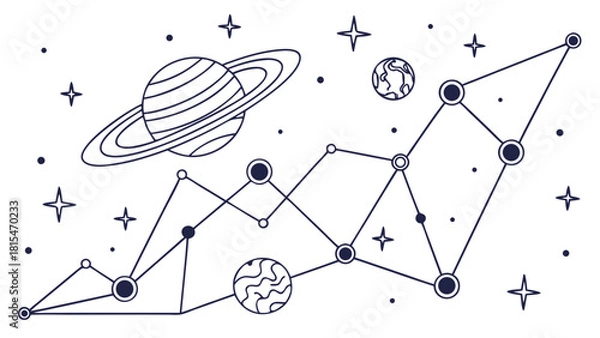 Fototapeta Abstract image of growth chart form of cosmic scene featuring planets, stars, and connecting lines, evoking sense