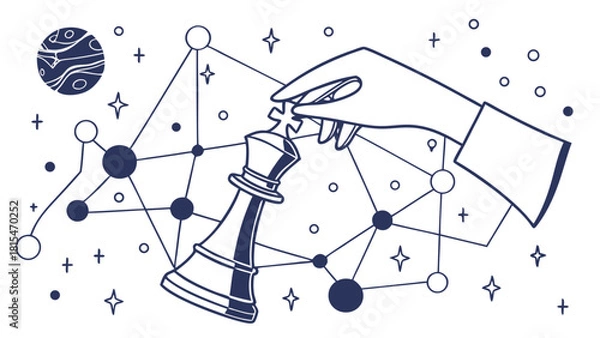 Fototapeta Hand gracefully holds chess king piece against cosmic background, symbolizing strategy and universe vastness